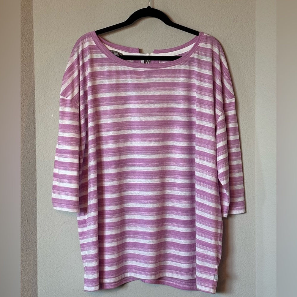 T by Talbots Purple White Stripe Top 3X Keyhole Back 3/4 Sleeve